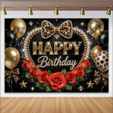 Lofaris Leopard Print Black and Gold Birthday Backdrop with Red Roses and Balloons, Glamorous Party Background for Women and Girls Photoshoot