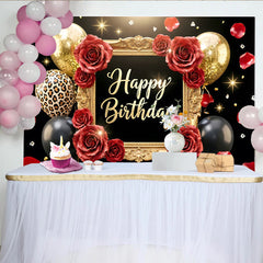 Lofaris Black and Gold Rose Birthday Backdrop with Balloons and Leopard Print, Luxurious Party for Women and Girls Photography