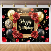 Lofaris Black and Gold Rose Birthday Backdrop with Balloons and Leopard Print, Luxurious Party for Women and Girls Photography