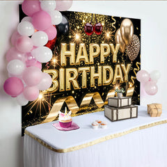 Lofaris Sparkling Black and Gold Glitter Birthday Backdrop with Balloons, Leopard Print and Golden Streamers Luxurious Photo Booth Prop