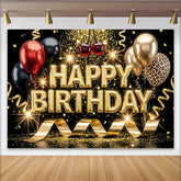 Lofaris Sparkling Black and Gold Glitter Birthday Backdrop with Balloons, Leopard Print and Golden Streamers Luxurious Photo Booth Prop