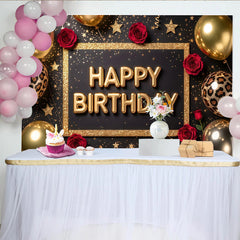 Lofaris Black and Gold Glitter Happy Birthday Backdrop with Red Roses, Elegant Party Decor and Photo Booth Background for Celebrations