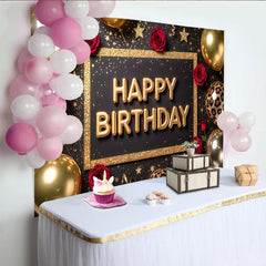 Lofaris Black and Gold Glitter Happy Birthday Backdrop with Red Roses, Elegant Party Decor and Photo Booth Background for Celebrations