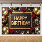 Lofaris Black and Gold Glitter Happy Birthday Backdrop with Red Roses, Elegant Party Decor and Photo Booth Background for Celebrations