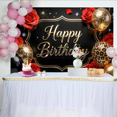 Lofaris Black Gold Red Rose Birthday Backdrop with Glitter Balloons and Leopard Print, Elegant Party Background for Women