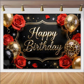 Lofaris Black Gold Red Rose Birthday Backdrop with Glitter Balloons and Leopard Print, Elegant Party Background for Women