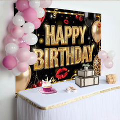Lofaris Black and Gold Glitter Happy Birthday Backdrop with Balloons, Elegant Party Background for Adult Celebration and Photoshoot