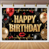 Lofaris Black and Gold Glitter Happy Birthday Backdrop with Balloons, Elegant Party Background for Adult Celebration and Photoshoot