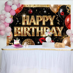 Lofaris Black and Gold Glitter Happy Birthday Backdrop, Red Lips Balloons and Leopard Print Photography Background for Party Decor