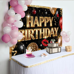 Lofaris Black and Gold Glitter Happy Birthday Backdrop, Red Lips Balloons and Leopard Print Photography Background for Party Decor