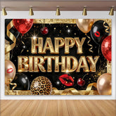 Lofaris Black and Gold Glitter Happy Birthday Backdrop, Red Lips Balloons and Leopard Print Photography Background for Party Decor