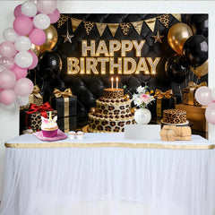 Lofaris Elegant Black and Gold Leopard Print Birthday Backdrop, Luxurious Party Background with Balloons and Tufted Leather