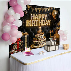 Lofaris Elegant Black and Gold Leopard Print Birthday Backdrop, Luxurious Party Background with Balloons and Tufted Leather