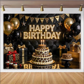Lofaris Elegant Black and Gold Leopard Print Birthday Backdrop, Luxurious Party Background with Balloons and Tufted Leather