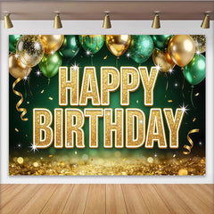 Lofaris Gold Green Glitter Birthday Backdrop with Balloons for Party Decoration, Festive Sparkling Photo Booth Background for Photoshoot