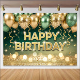 Lofaris Glitter Gold Green Happy Birthday Backdrop with Balloons and Bokeh, Elegant Party Decoration for Photoshoot and Event