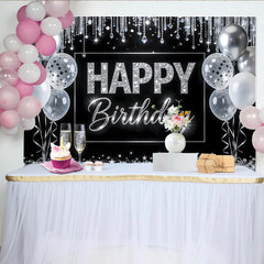Lofaris Elegant Black and Silver Glitter Happy Birthday Backdrop with Balloons, Sparkling Celebration Background for Adult Party Photography