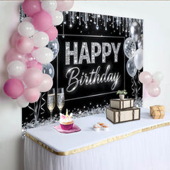 Lofaris Elegant Black and Silver Glitter Happy Birthday Backdrop with Balloons, Sparkling Celebration Background for Adult Party Photography