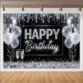 Lofaris Elegant Black and Silver Glitter Happy Birthday Backdrop with Balloons, Sparkling Celebration Background for Adult Party Photography