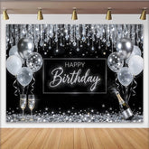 Lofaris Black and Silver Happy Birthday Backdrop with Balloons, Elegant Glitter Party Decor for Photoshoot