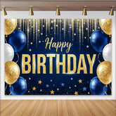 Lofaris Gold Blue Glitter Happy Birthday Backdrop with Balloons and Stars, Elegant Party Decoration Background for Photo Booth Props