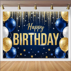 Lofaris Gold Blue Glitter Happy Birthday Backdrop with Balloons and Stars, Elegant Party Decoration Background for Photo Booth Props