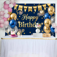 Lofaris Navy Blue and Gold Happy Birthday Backdrop with Balloons and Stars, Elegant Party Background for Photo Booth Decor
