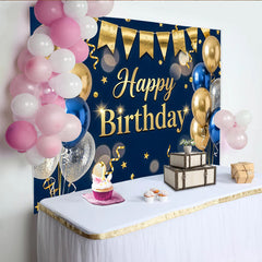 Lofaris Navy Blue and Gold Happy Birthday Backdrop with Balloons and Stars, Elegant Party Background for Photo Booth Decor