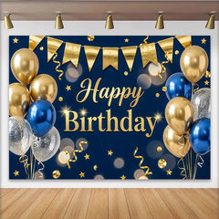 Lofaris Navy Blue and Gold Happy Birthday Backdrop with Balloons and Stars, Elegant Party Background for Photo Booth Decor
