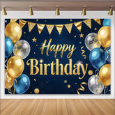 Lofaris Dark Blue and Gold Glitter Happy Birthday Backdrop, Elegant Party Background with Balloons for Photography