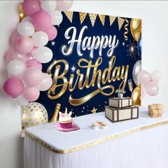 Lofaris Blue Gold Happy Birthday Backdrop with Balloons and Champagne, Elegant Glitter Stars Photography Background for Party Decoration