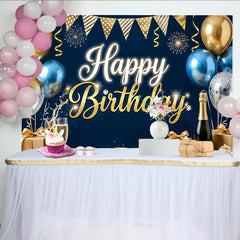 Lofaris Navy Blue and Gold Happy Birthday Backdrop, Glitter Balloons Champagne Party Background, Birthday Celebration Decoration
