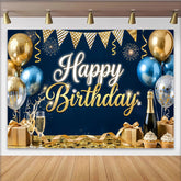 Lofaris Navy Blue and Gold Happy Birthday Backdrop, Glitter Balloons Champagne Party Background, Birthday Celebration Decoration