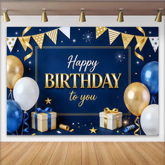 Lofaris Blue and Gold Happy Birthday Backdrop with Balloons and Gifts, Elegant Party Background for Celebration Photoshoot