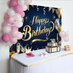 Lofaris Elegant Blue and Gold Happy Birthday Backdrop with Balloons and Glitter, Sparkling Party Background for Adults and Kids Photoshoot