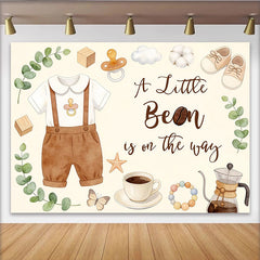 Lofaris A Little Bean Is On The Way Coffee Baby Shower Backdrop with Eucalyptus and Baby Clothes, Neutral Gender Reveal Party for Photoshoot