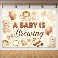 Lofaris Warm Brown A Baby Is Brewing Baby Shower Backdrop with Teddy Bears and Balloons, Coffee Themed Background for Gender Reveal Party