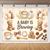 Celebrate Teddy Bear Coffee Baby Shower Backdrop with Balloons and Baby Blocks, Cute A Baby Is Brewing Background for Gender Reveal Party