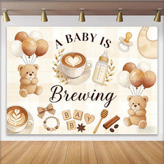 Lofaris A Baby Is Brewing Coffee Bear Baby Shower Backdrop with Balloons, Warm Latte Art Theme Photography Background for Party Decor
