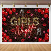Lofaris Leopard Print Girls Night Party Backdrop with Neon Text, Red Cherries and Champagne Glasses Photo Background