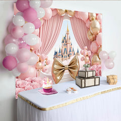 Lofaris Pink Gold Princess Castle Birthday Backdrop with Balloons, Elegant Fairy Tale Photography Background for Girl's Party Decor