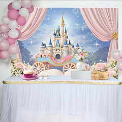 Lofaris Pink Fairytale Castle Photography Backdrop with Royal Carriage, Starry Sky Studio Background for Girls Party Photoshoot.