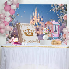 Lofaris Pink Princess Castle Birthday Backdrop with Carriage and Roses, Fairytale Photography Background for Girls Party Decor