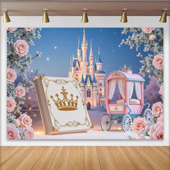 Lofaris Pink Princess Castle Birthday Backdrop with Carriage and Roses, Fairytale Photography Background for Girls Party Decor