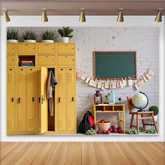 Lofaris Yellow Locker Back to School Backdrop with Chalkboard and Apples, Classroom Photography Background for Kids and Students