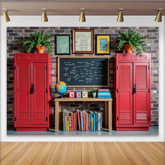 Lofaris Vintage Classroom Photography Backdrop with Red Lockers and Blackboard, School Theme Background for Kids Portrait