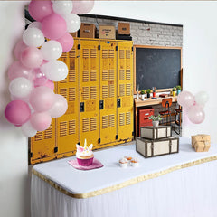 Lofaris Yellow School Locker Photography Backdrop with Blackboard and Wooden Desk, Rustic Classroom Background for Student Portraits