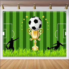 Lofaris Green Soccer Field Photography Backdrop with Golden Trophy, Ball and Player Silhouettes, Sports Theme Background for Party