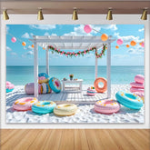 Lofaris Vibrant Beach Summer Photography Backdrop with White Pergola and Floral Garland, Colorful Ocean View for Tropical Party Decor