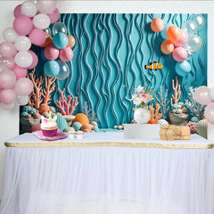 Lofaris Blue Under The Sea Birthday Backdrop with Clownfish and Coral, Colorful Balloons Ocean Theme Background for Kids Party